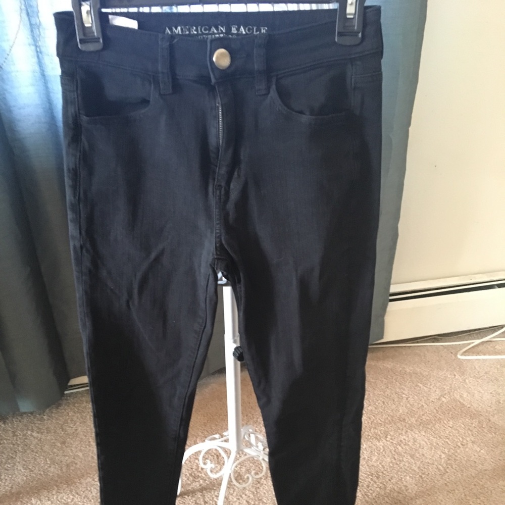Black dark denim. Full length